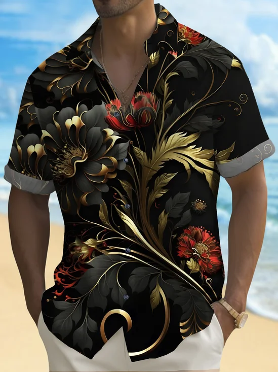 Royaura® Vintage Hawaiian Gilt Art Floral Print Men's Button Pocket Short Sleeve Shirt