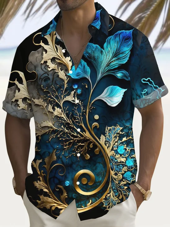 Royaura® Hawaiian Gilt Art Floral Print Men's Button Pocket Short Sleeve Shirt