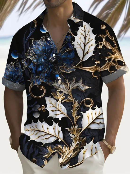 Royaura® Hawaiian Gilt Art Floral Print Men's Button Pocket Short Sleeve Shirt