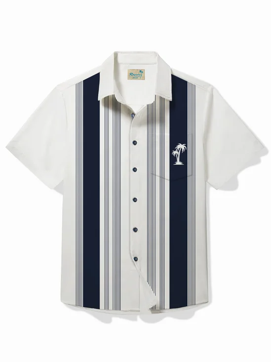 Royaura® 50's Vintage Men's Bowling Shirt Coconut Tree Art Pocket Camp Stripe Shirt Big Tall