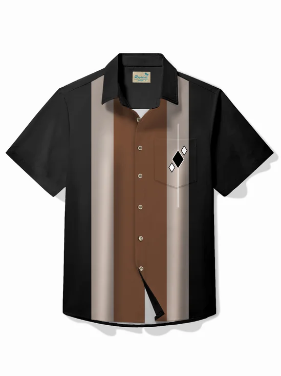 Royaura® Vintage Bowling Geometric Diamond Print Chest Pocket Shirt Plus Size Men's Shirt