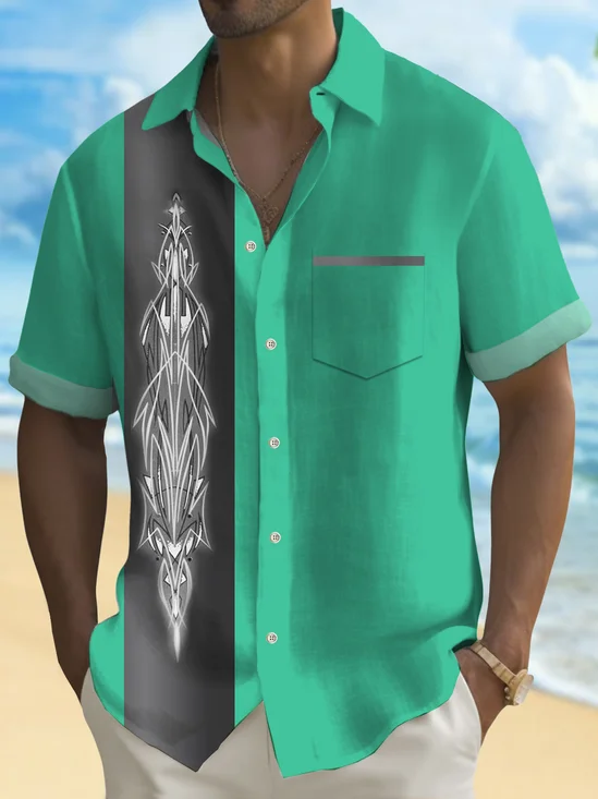 Royaura® Retro Car Pinstriping Bowling Print Men's Button Pocket Short Sleeve Shirt