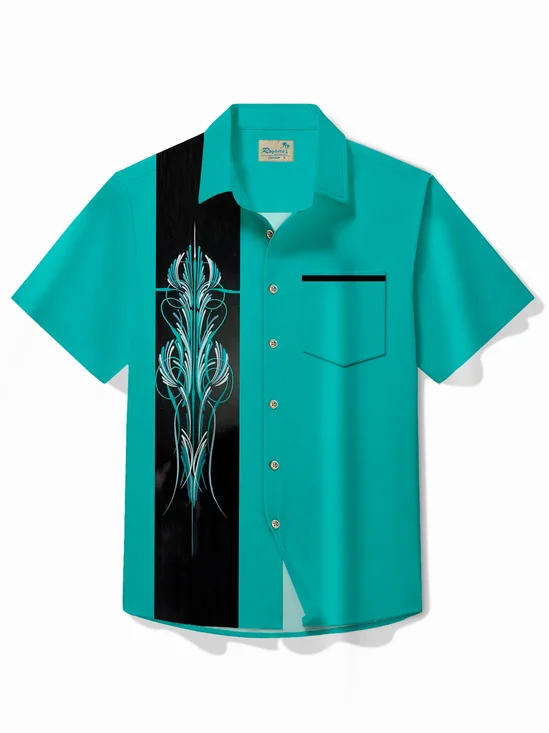 Royaura®Retro Bowling Automotive  Pinstriped Gradient Print Men's Button Pocket Short Sleeve Shirt