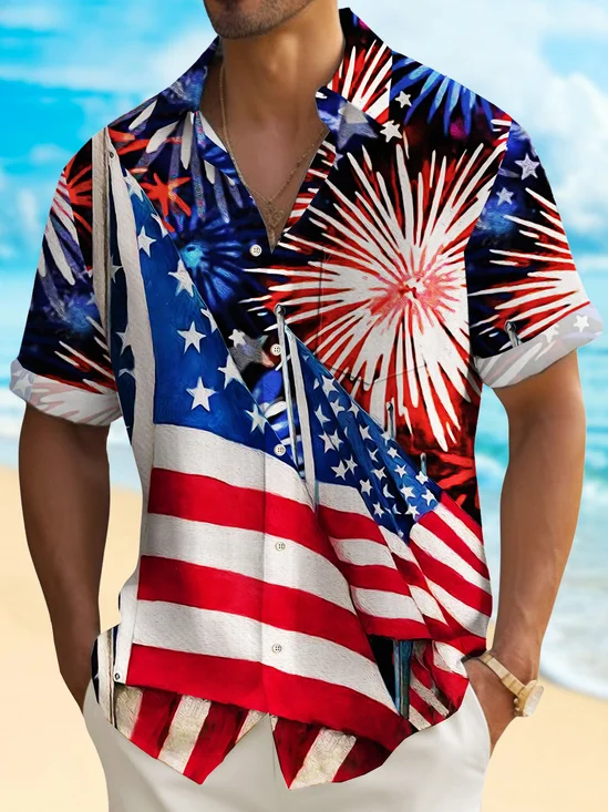 Royaura® American Flag Men's Hawaiian Shirt  Stretch Camp Pocket The Fourth Of July Shirt Big Tall