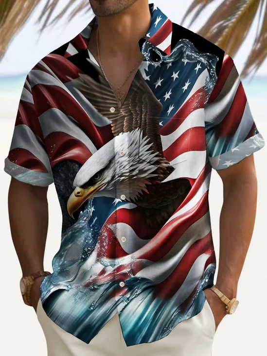 Royaura® Vintage American Flag Men's Hawaiian Shirt Eagle Pocket Camp Shirt Big Tall