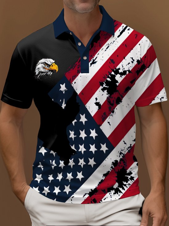 Royaura® Holiday American Flag Eagle Print Polo Shirt Stretch Comfort Camping Pullover Polo Shirt Big Tall