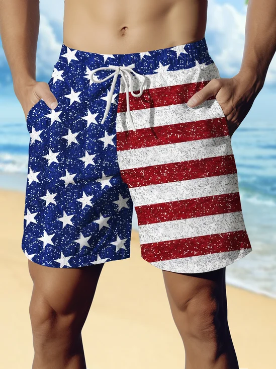 Royaura® Holiday Hawaiian American Flag Print Men's Beach Shorts