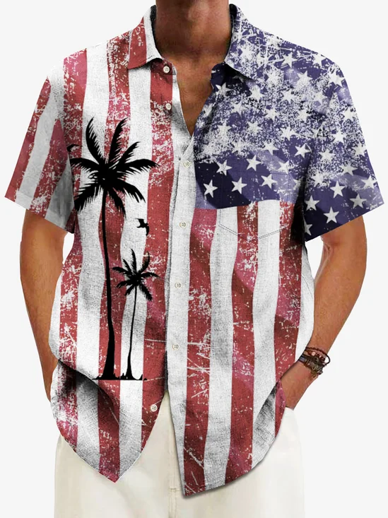 Royaura® American Flag Men's Hawaiian Shirt Coconut Tree Stretch Camp Pocket Shirt Big Tall
