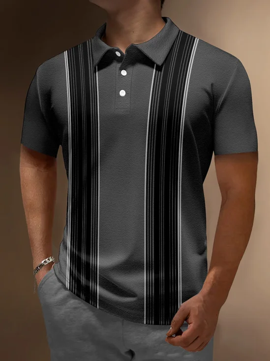 Royaura® Retro Bowling Striped Printed Men's Button Short Sleeve Polo Shirt