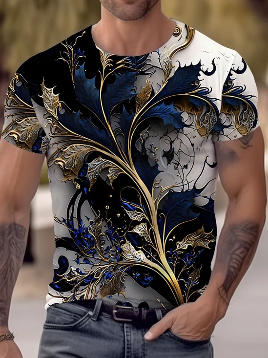 Royaura Retro Creative 3D Gold Leaf Print Men's Short Sleeve T-Shirt