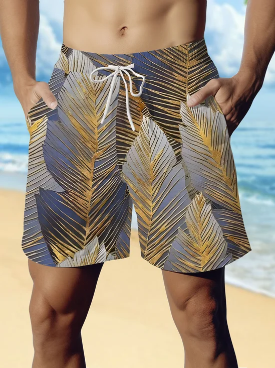 Royaura® Retro Creative 3D Gold Leaf Print Men's Beach Shorts