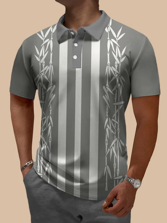 Royaura® Retro Bamboo Stripe Contrast Print Men's Button Short Sleeve POLO Shirt