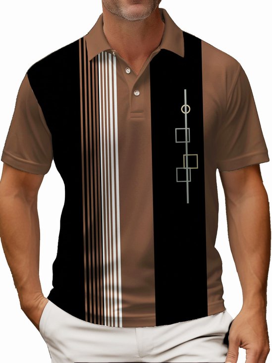 Royaura® 50's Retro Mid-century Geometric Bowling Polo Shirt Stretch Button Top Big Tall