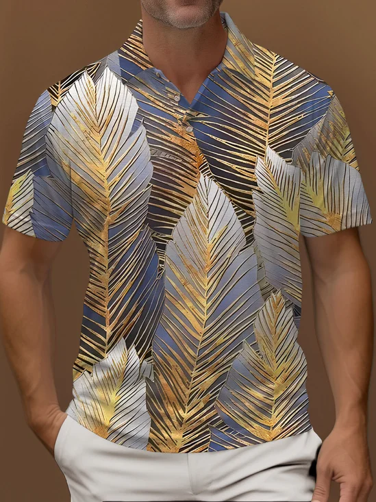 Royaura® Retro Gold Plant Leaf Print Men's Button Short Sleeve POLO Shirt