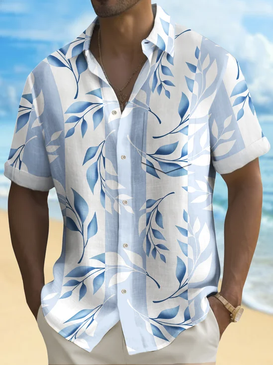 Royaura® Beach Vacation Men's Hawaiian Shirt Plant Leaf Print Pocket Camping Shirt