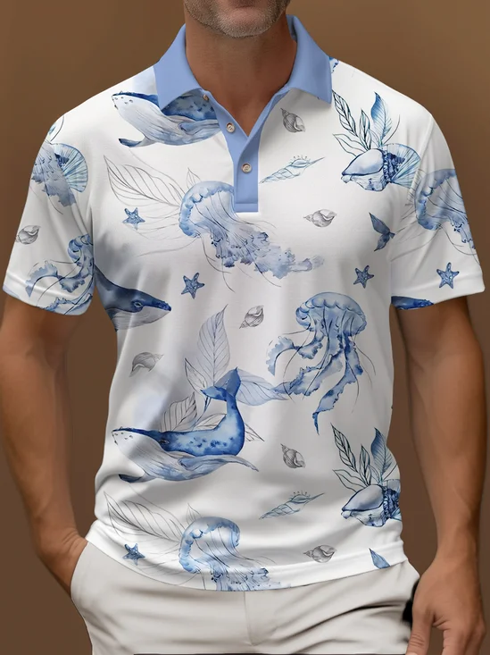 Royaura® Hawaiian Ocean Whale Jellyfish Print Polo Shirt Stretch Comfortable Camping Pullover Polo Shirt Big Tall