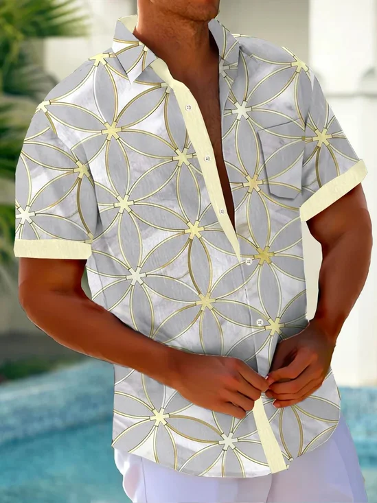 Royaura® Retro Floral Geometric Print Men's Button Pocket Short Sleeve Shirt