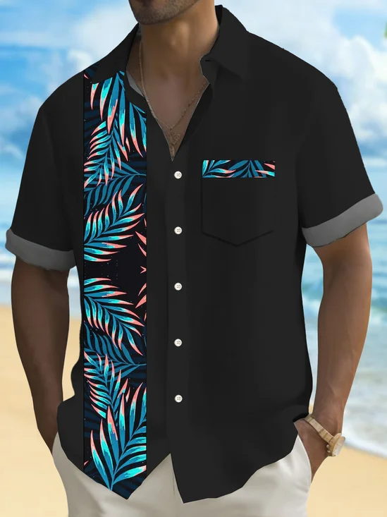 Royaura® Hawaiian Gradient Plant Leaf Print Men's Button Pocket Short Sleeve Shirt