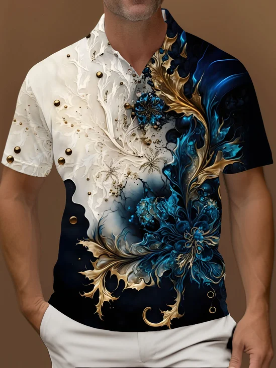 Royaura® Retro Artistic Creative Golden Plant Leaf Print Men's Button Short-Sleeved Polo Shirt