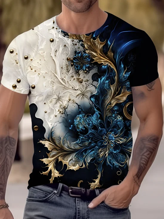 Royaura® Retro Creative 3D Gold Leaf Print Men's Short Sleeve T-Shirt