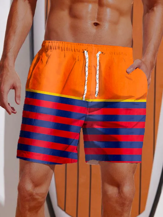 Royaura® 50's Vintage Cartoon Men's Striped Pants Boat Shorts Quick-drying Stretch Casual Swim Trunks Big Tall