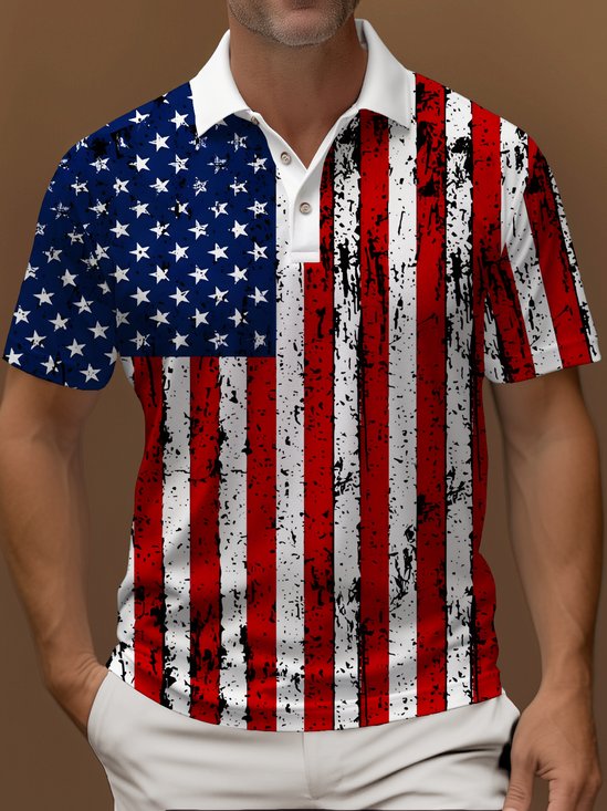 Royaura® Holiday American Flag Printed Polo Shirt Stretch Comfort Camping Pullover Polo Shirt Big Tall