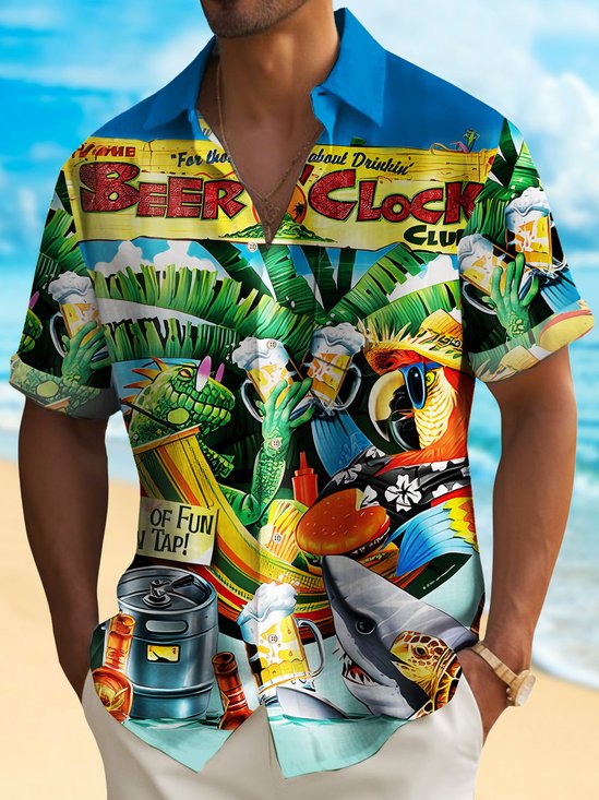 Royaura® Beach Holiday Parrot Men's Hawaiian Shirt Beer Vacation Button Pocket Shirt Big Tall