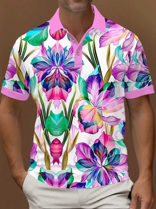 Royaura®  Hawaiian Floral Print Men's Short Sleeve Polo Shirt