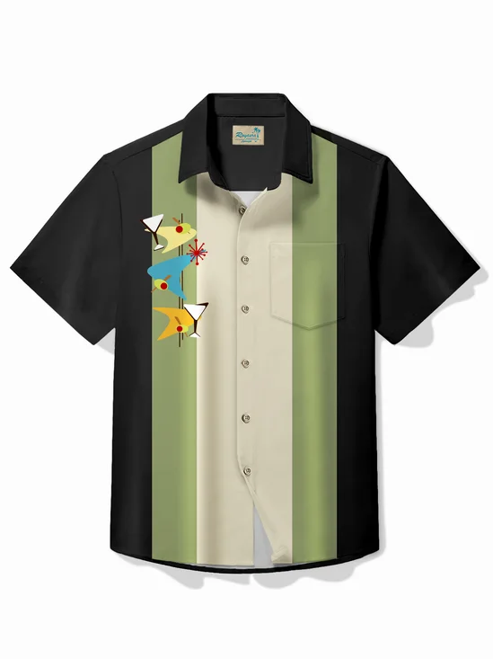 Royaura® Vintage Bowling Geometric Darts Starburst Print Chest Pocket Shirt Plus Size Men's Shirt