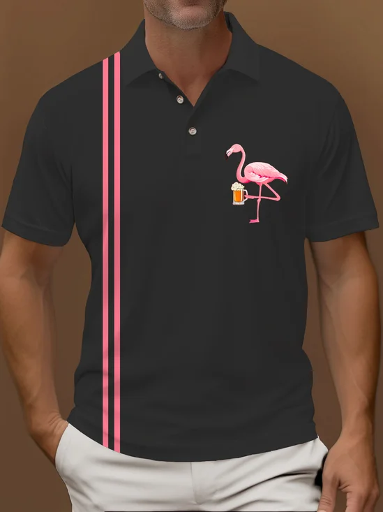 Royaura® Retro Flamingo Stripe Print Men's Button Stripe Short Sleeve POLO Shirt