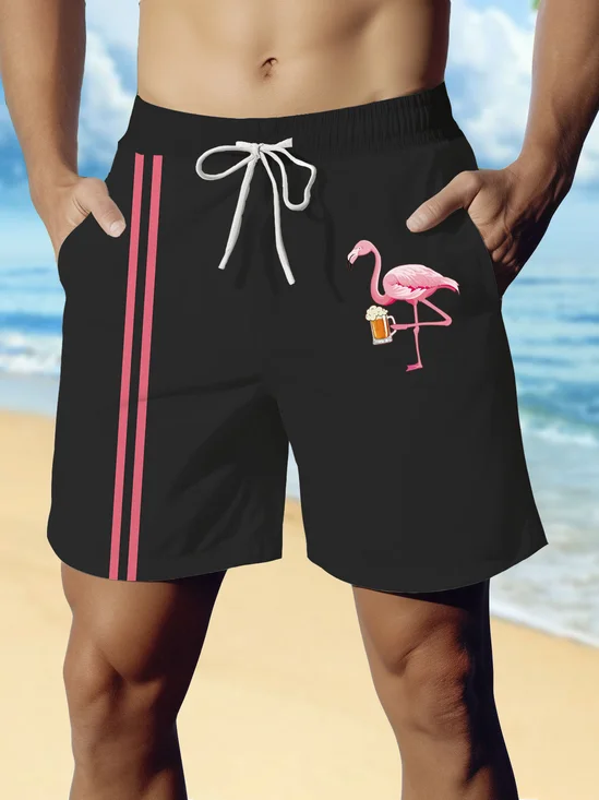 Royaura®Retro Flamingo Striped Print Men's Beach Shorts