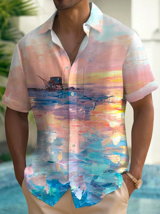 Royaura® Hawaii Creative Oil Painting 3D Print Men's Button Pocket Short Sleeve Shirt