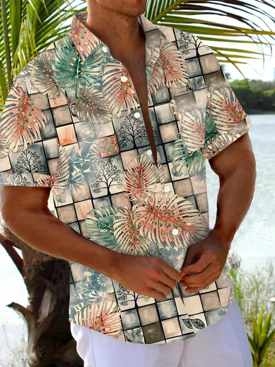 Royaura® Hawaiian Plant Leaves Geometric 3D Print Men's Button Pocket Short Sleeve Shirt