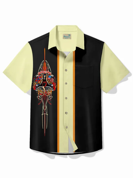 Royaura® Vintage Bowling Pinstripe Rockabilly Rebels Car Print Chest Pocket Shirt Large Size Men's Shirt