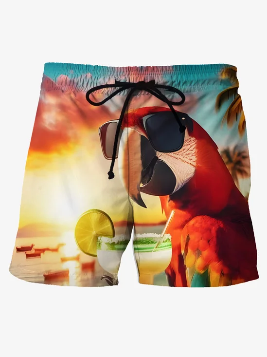 Royaura® Beach Surf Parrot Men's Hawaiian Board Shorts Coconut Tree Parrot Stretch Quick-Drying Swim Trunks Big Tall