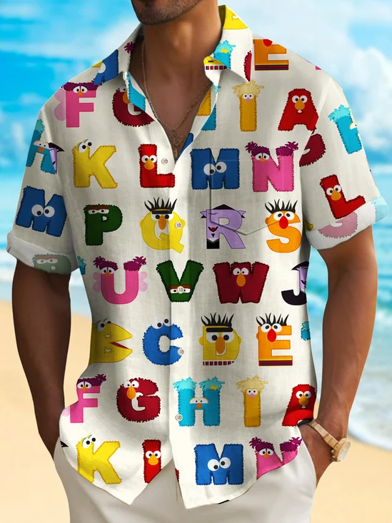 Royaura® 50‘s Muppets Cartoon Men's Hawaiian Shirt Stretch Camp Pocket Letter Shirt Big Tall