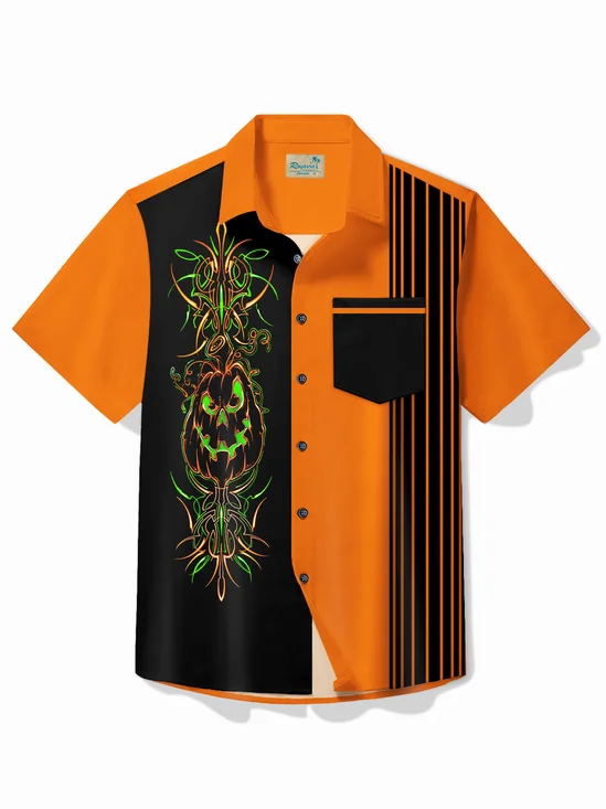 Royaura® Vintage Bowling Pinstripe Halloween Pumpkin Print Chest Pocket Shirt Plus Size Men's Shirt