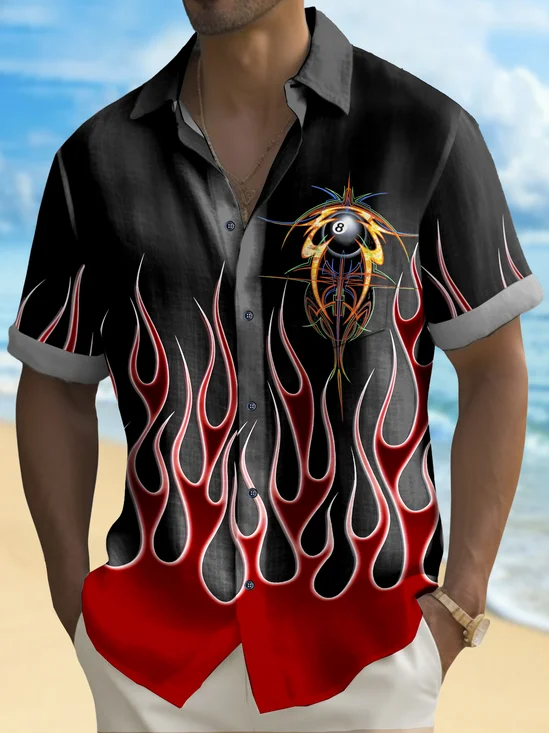 Royaura® Vintage Pinstripe Flame Print Chest Pocket Shirt Plus Size Men's Shirt