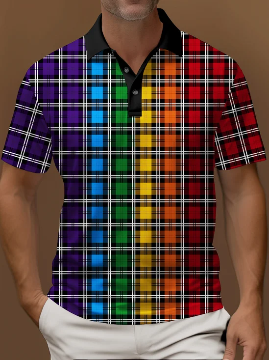 Royaura® Vintage Geometric Colorful Plaid Print Polo Shirt Stretch Comfortable Camping Pullover Polo Shirt Big Tall