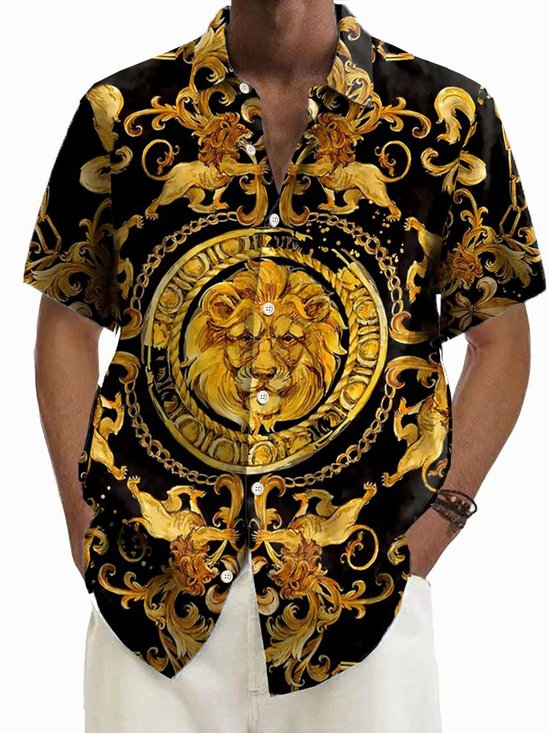 Royaura® Vintage Gold Lion Baroque Print Men's Button Pocket Short Sleeve Shirt