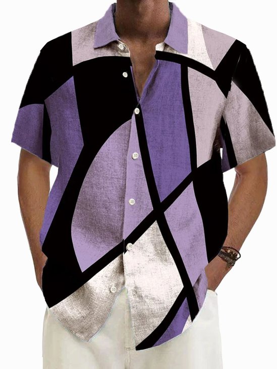 Royaura® Retro Geometric Color Block Print Men's Button Pocket Short Sleeve Shirt