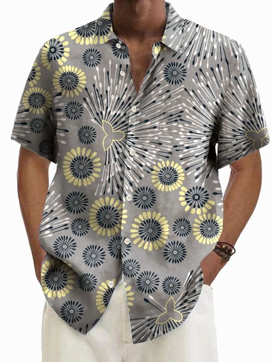 Royaura® Retro Geometric Floral Print Men's Button Pocket Short Sleeve Shirt