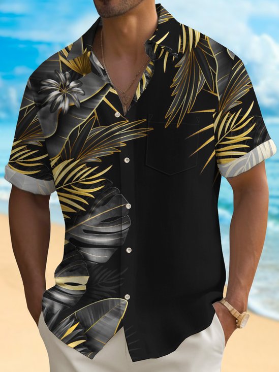 Royaura® Vintage Bronzed Tropical Leaves Men's Shirt Stretch Quick Dry Pocket Pocket Shirt