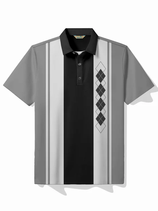 Royaura® Vintage Bowling Geometric Print Polo Shirt Stretch Comfortable Camping Pullover Polo Shirt Big Tall