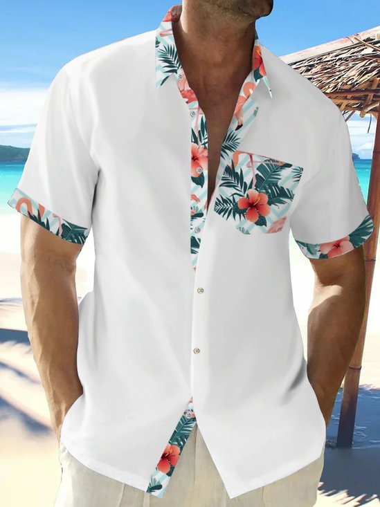 Royaura® Hawaiian Floral Leaf Print Men's Button Pocket Short Sleeve Shirt