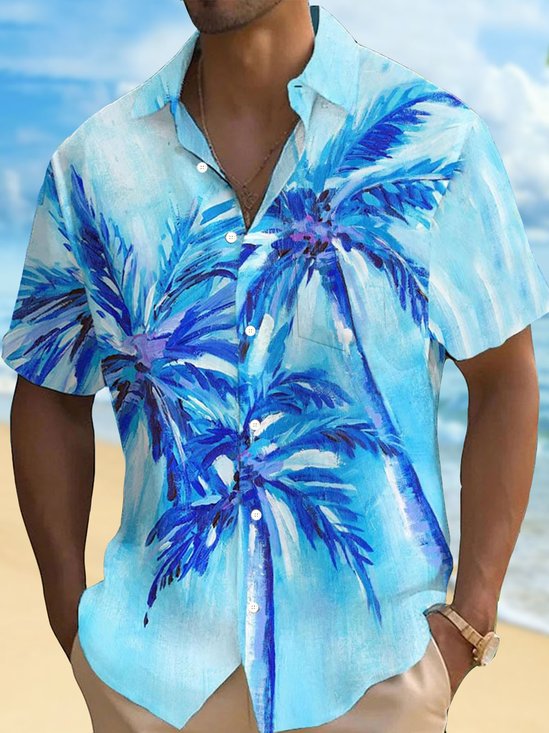 Royaura® Hawaiian Coconut Tree Ombre Print Men's Button Pocket Short Sleeve Shirt