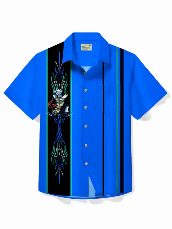 Royaura® 50's Vintage Pinstripe Car Men's Bowling Shirt Art Stretch Pocket Camp Shirt Big Tall