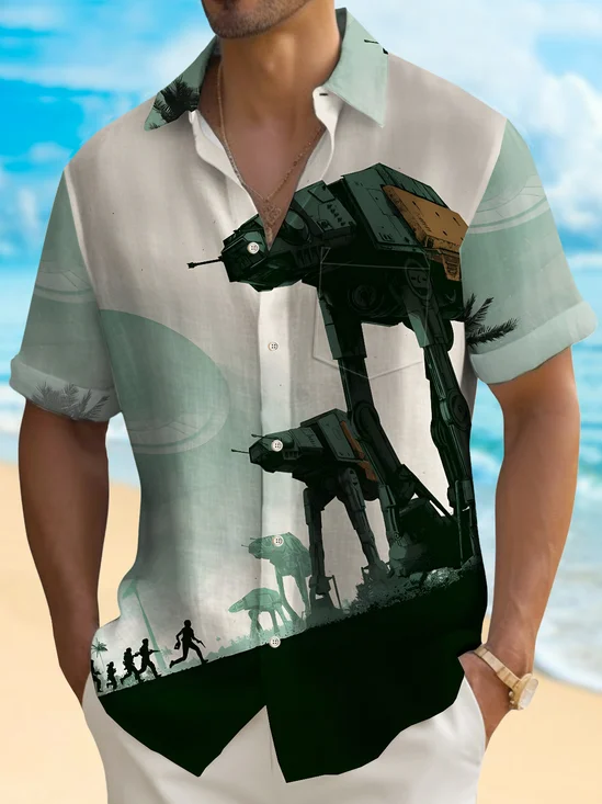Royaura® 50's Star Men's Hawaiian Shirt Robot War Cartoon Stretch Camp Pocket Shirt Big Tall