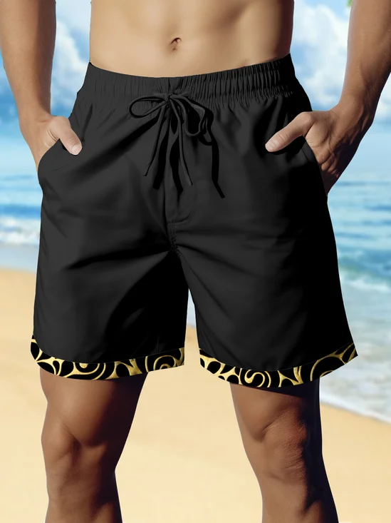 Royaura® Basic Gold Pattern Patchwork Printed Men's Beach Shorts