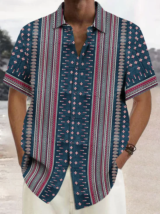 Royaura® Vintage Ethnic Graphic Print Chest Pocket Shirt Large Size Men's Shirt